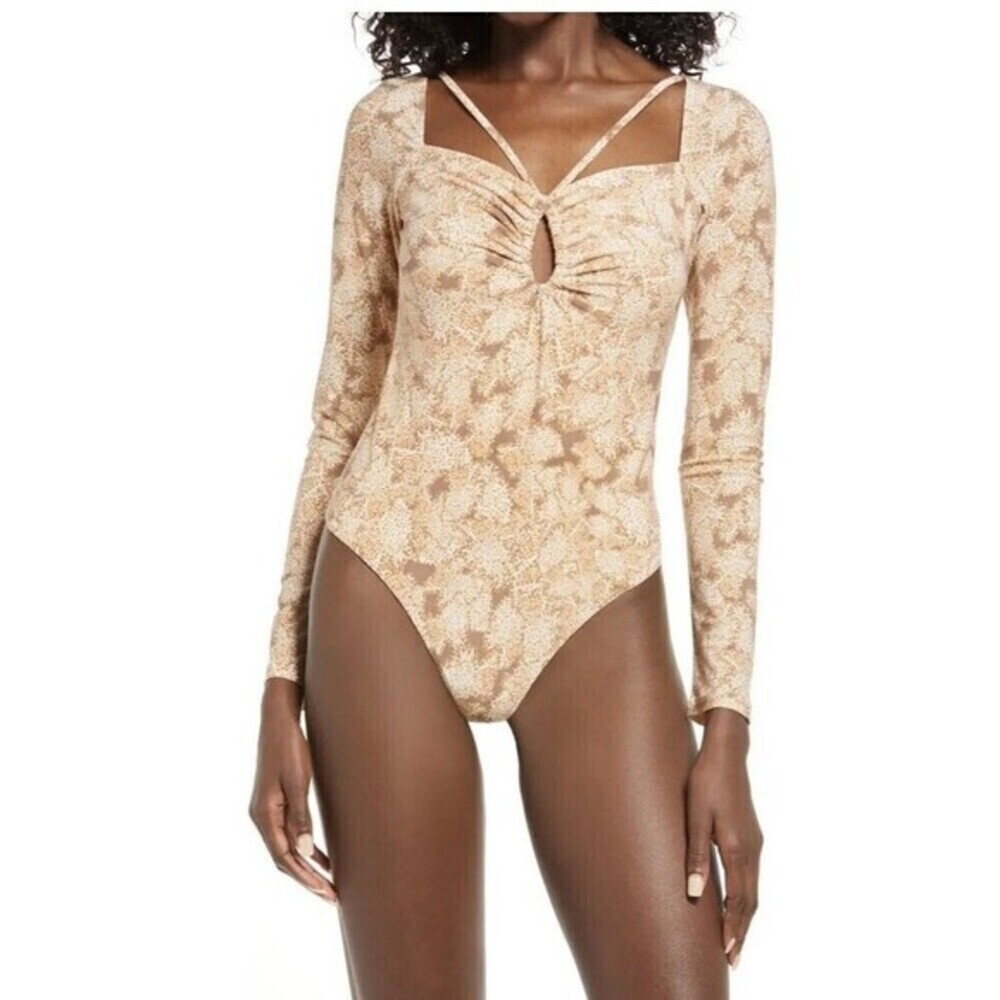 Open Edit Bodysuit Womens S Tan Snakeskin Long Sleeve Keyhole Strappy Stretch
